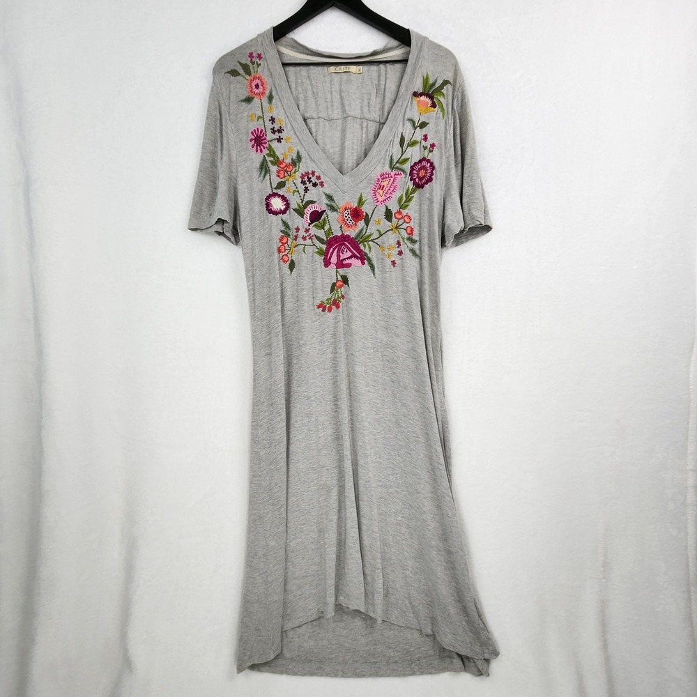 Caite Embroidered Jersey Dress Womens XL Grey Floral Boho Cottagecore Relaxed
